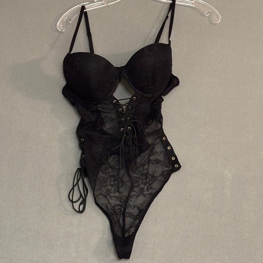 BodyRage Black Lace Up Bodysuit Lingerie Teddy Large